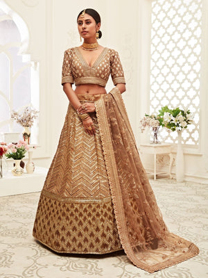 Rajwada Brown Silk Blend Embroidered Semi Stitched Lehenga With Unstitched Blouse For Women