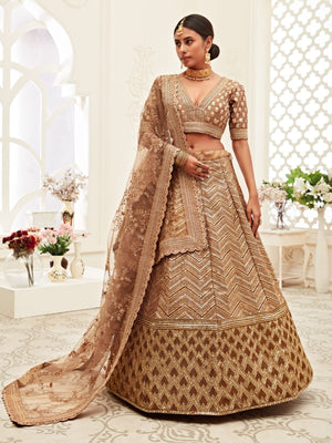 Rajwada Brown Silk Blend Embroidered Semi Stitched Lehenga With Unstitched Blouse For Women