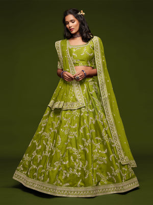 Rajwada Green Art Silk Embroidered Semi Stitched Lehenga With Unstitched Blouse For Women