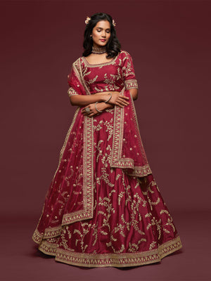 Rajwada Maroon Art Silk Embroidered Semi Stitched Lehenga With Unstitched Blouse For Women
