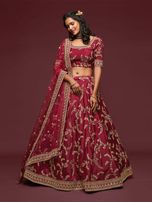 Rajwada Maroon Art Silk Embroidered Semi Stitched Lehenga With Unstitched Blouse For Women