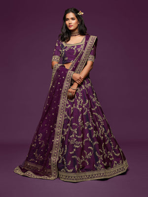 Rajwada Purple Art Silk Embroidered Semi Stitched Lehenga With Unstitched Blouse For Women