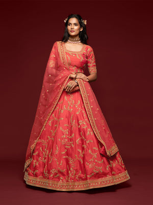 Rajwada Peach Art Silk Embroidered Semi Stitched Lehenga With Unstitched Blouse For Women