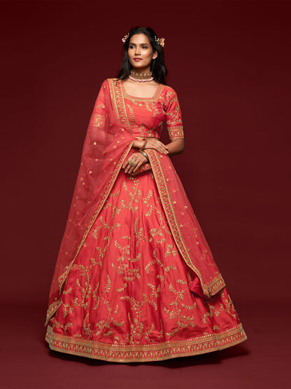 Rajwada Peach Art Silk Embroidered Semi Stitched Lehenga With Unstitched Blouse For Women
