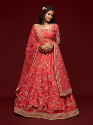 Rajwada Peach Art Silk Embroidered Semi Stitched Lehenga With Unstitched Blouse For Women