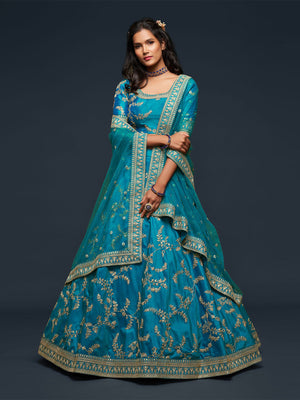Rajwada Teal Art Silk Embroidered Semi Stitched Lehenga With Unstitched Blouse For Women