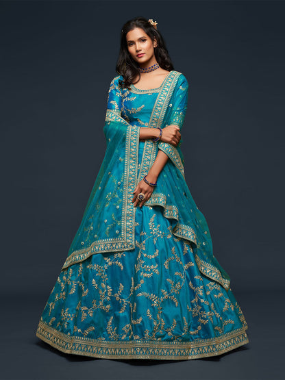 Rajwada Teal Art Silk Embroidered Semi Stitched Lehenga With Unstitched Blouse For Women