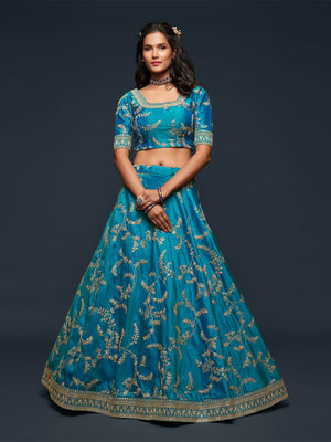Rajwada Teal Art Silk Embroidered Semi Stitched Lehenga With Unstitched Blouse For Women