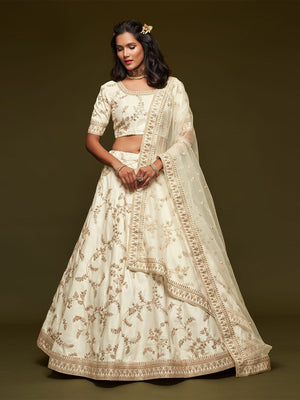 Rajwada White Art Silk Embroidered Semi Stitched Lehenga With Unstitched Blouse For Women
