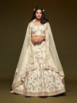 Rajwada White Art Silk Embroidered Semi Stitched Lehenga With Unstitched Blouse For Women