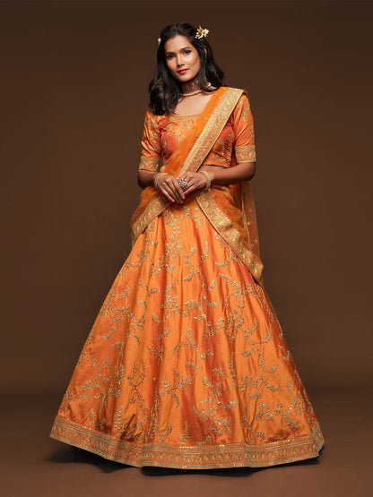 Rajwada Orange Art Silk Embroidered Semi Stitched Lehenga With Unstitched Blouse For Women