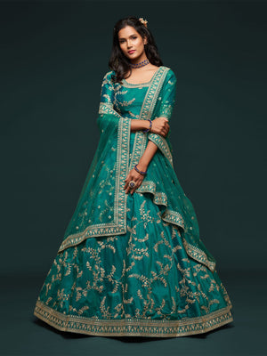 Rajwada Green Art Silk Embroidered Semi Stitched Lehenga With Unstitched Blouse For Women
