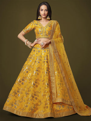 Rajwada Yellow Silk Blend Embroidered Semi Stitched Lehenga With Unstitched Blouse For Women