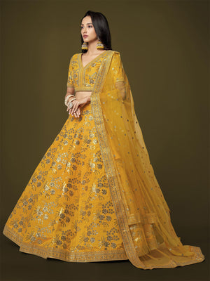 Rajwada Yellow Silk Blend Embroidered Semi Stitched Lehenga With Unstitched Blouse For Women