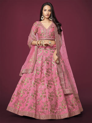 Rajwada Light Pink Silk Blend Embroidered Semi Stitched Lehenga With Unstitched Blouse For Women