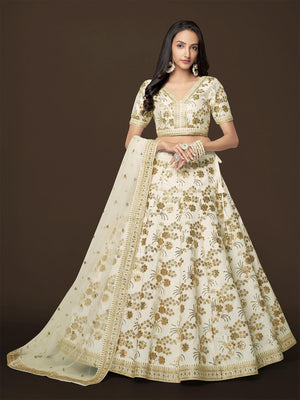 Rajwada Off White Silk Blend Embroidered Semi Stitched Lehenga With Unstitched Blouse For Women