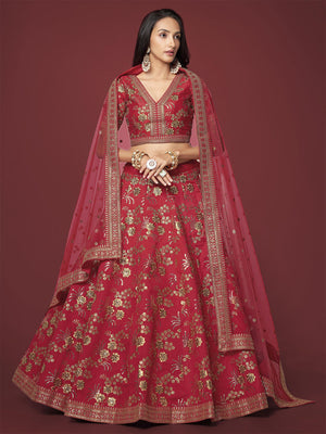 Rajwada Red Silk Blend Embroidered Semi Stitched Lehenga With Unstitched Blouse For Women