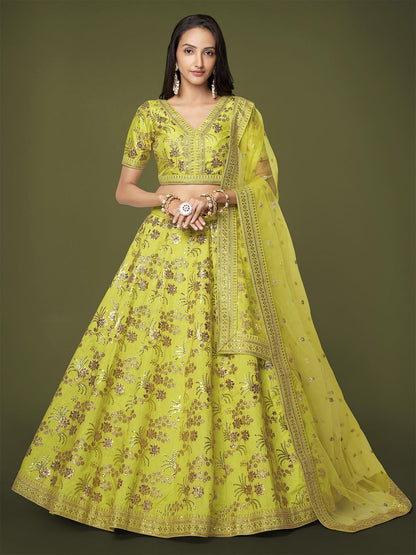 Rajwada Green Silk Blend Embroidered Semi Stitched Lehenga With Unstitched Blouse For Women