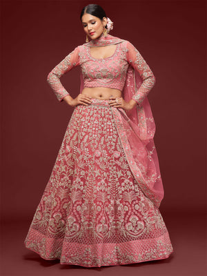 Rajwada Pink Soft Net Embellished Semi Stitched Lehenga With Unstitched Blouse For Women