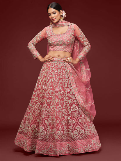 Rajwada Pink Soft Net Embellished Semi Stitched Lehenga With Unstitched Blouse For Women