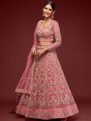 Rajwada Pink Soft Net Embellished Semi Stitched Lehenga With Unstitched Blouse For Women
