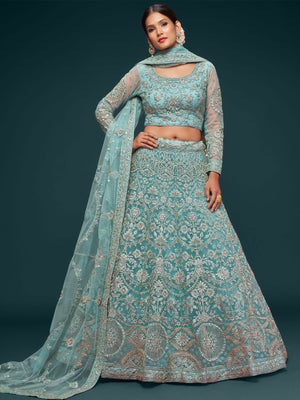 Rajwada Light Blue Soft Net Embellished Semi Stitched Lehenga With Unstitched Blouse For Women