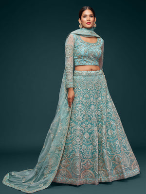 Rajwada Light Blue Soft Net Embellished Semi Stitched Lehenga With Unstitched Blouse For Women