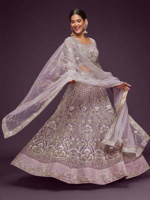 Rajwada Lavender Soft Net Embellished Semi Stitched Lehenga With Unstitched Blouse For Women