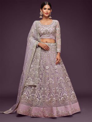 Rajwada Lavender Soft Net Embellished Semi Stitched Lehenga With Unstitched Blouse For Women