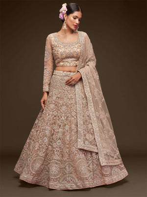Rajwada Beige Soft Net Embellished Semi Stitched Lehenga With Unstitched Blouse For Women