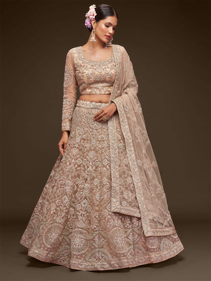 Rajwada Beige Soft Net Embellished Semi Stitched Lehenga With Unstitched Blouse For Women
