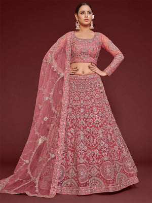 Rajwada Pink Soft Net Embellished Semi Stitched Lehenga With Unstitched Blouse For Women