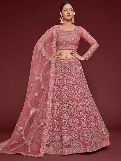 Rajwada Pink Soft Net Embellished Semi Stitched Lehenga With Unstitched Blouse For Women