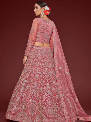 Rajwada Pink Soft Net Embellished Semi Stitched Lehenga With Unstitched Blouse For Women