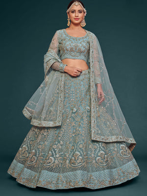 Rajwada Light Blue Soft Net Embellished Semi Stitched Lehenga With Unstitched Blouse For Women