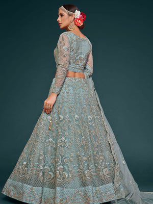 Rajwada Light Blue Soft Net Embellished Semi Stitched Lehenga With Unstitched Blouse For Women