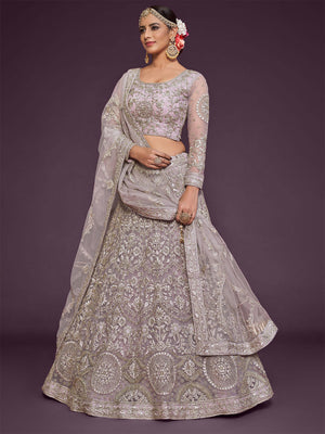 Rajwada Lavender Soft Net Embellished Semi Stitched Lehenga With Unstitched Blouse For Women