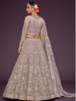 Rajwada Lavender Soft Net Embellished Semi Stitched Lehenga With Unstitched Blouse For Women