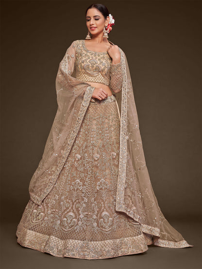 Rajwada Beige Soft Net Embellished Semi Stitched Lehenga With Unstitched Blouse For Women