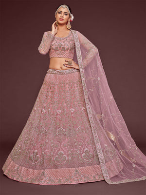 Rajwada Pink Soft Net Embellished Semi Stitched Lehenga With Unstitched Blouse For Women