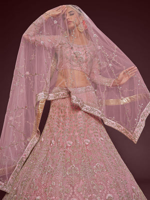 Rajwada Pink Soft Net Embellished Semi Stitched Lehenga With Unstitched Blouse For Women