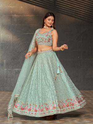 Rajwada Light Blue Georgette Embroidered Semi Stitched Lehenga With Unstitched Blouse For Women