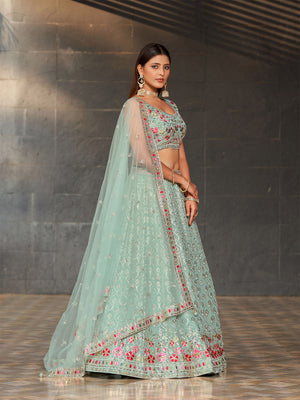 Rajwada Light Blue Georgette Embroidered Semi Stitched Lehenga With Unstitched Blouse For Women