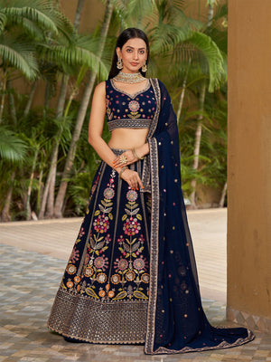 Rajwada Navy Blue Georgette Embroidered Semi Stitched Lehenga With Unstitched Blouse For Women