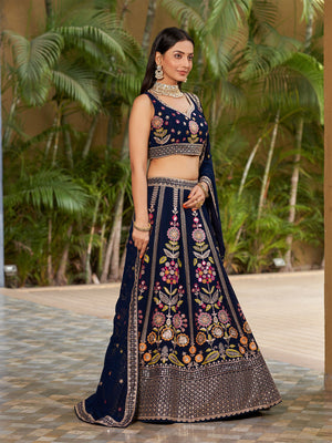 Rajwada Navy Blue Georgette Embroidered Semi Stitched Lehenga With Unstitched Blouse For Women