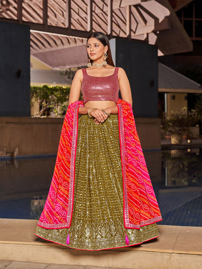Rajwada Olive Georgette Embellished Semi Stitched Lehenga With Unstitched Blouse For Women