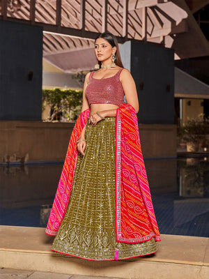 Rajwada Olive Georgette Embellished Semi Stitched Lehenga With Unstitched Blouse For Women