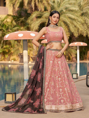 Rajwada Pink Georgette Embroidered Semi Stitched Lehenga With Unstitched Blouse For Women