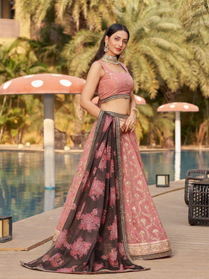 Rajwada Pink Georgette Embroidered Semi Stitched Lehenga With Unstitched Blouse For Women