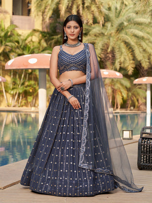Rajwada Grey Georgette Embellished Semi Stitched Lehenga With Unstitched Blouse For Women